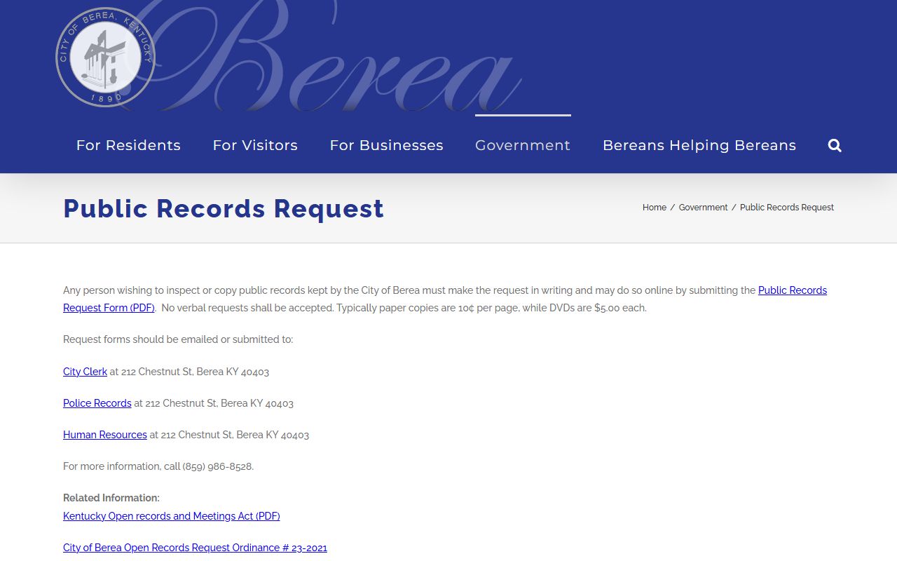 Berea City Clerk records page