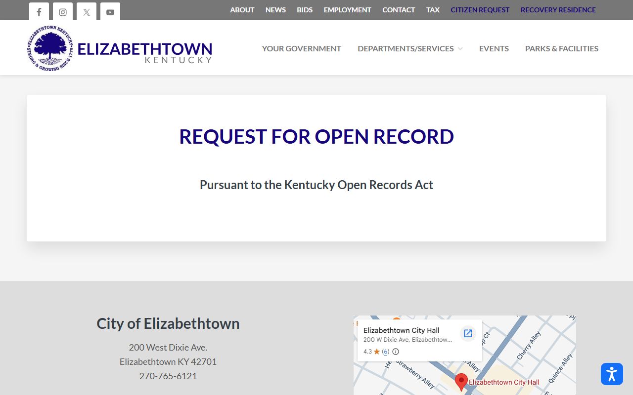 Elizabethtown City Clerk records page