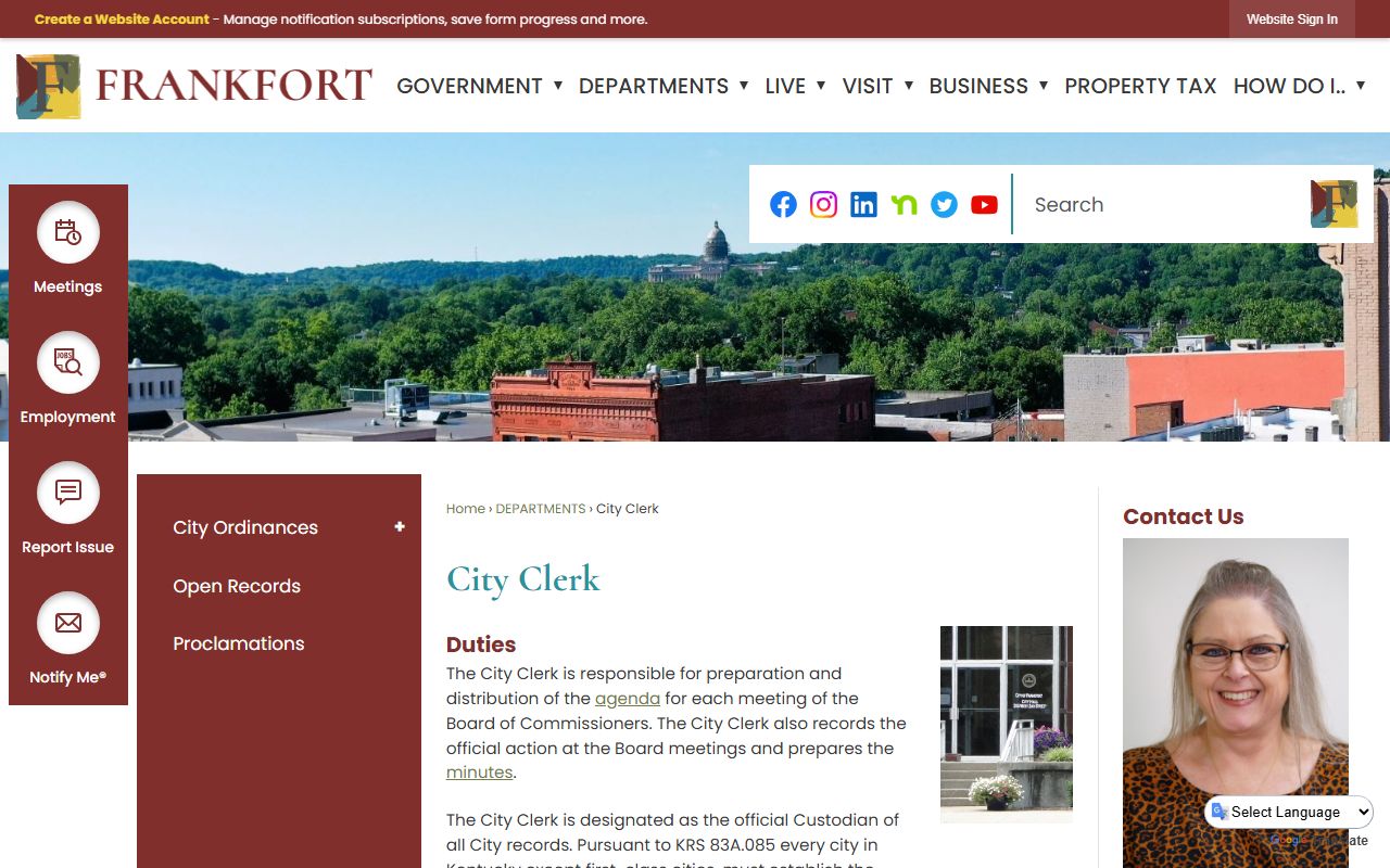 Frankfort City Clerk records page