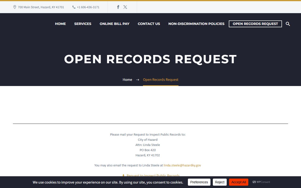 Hazard City Clerk open records page