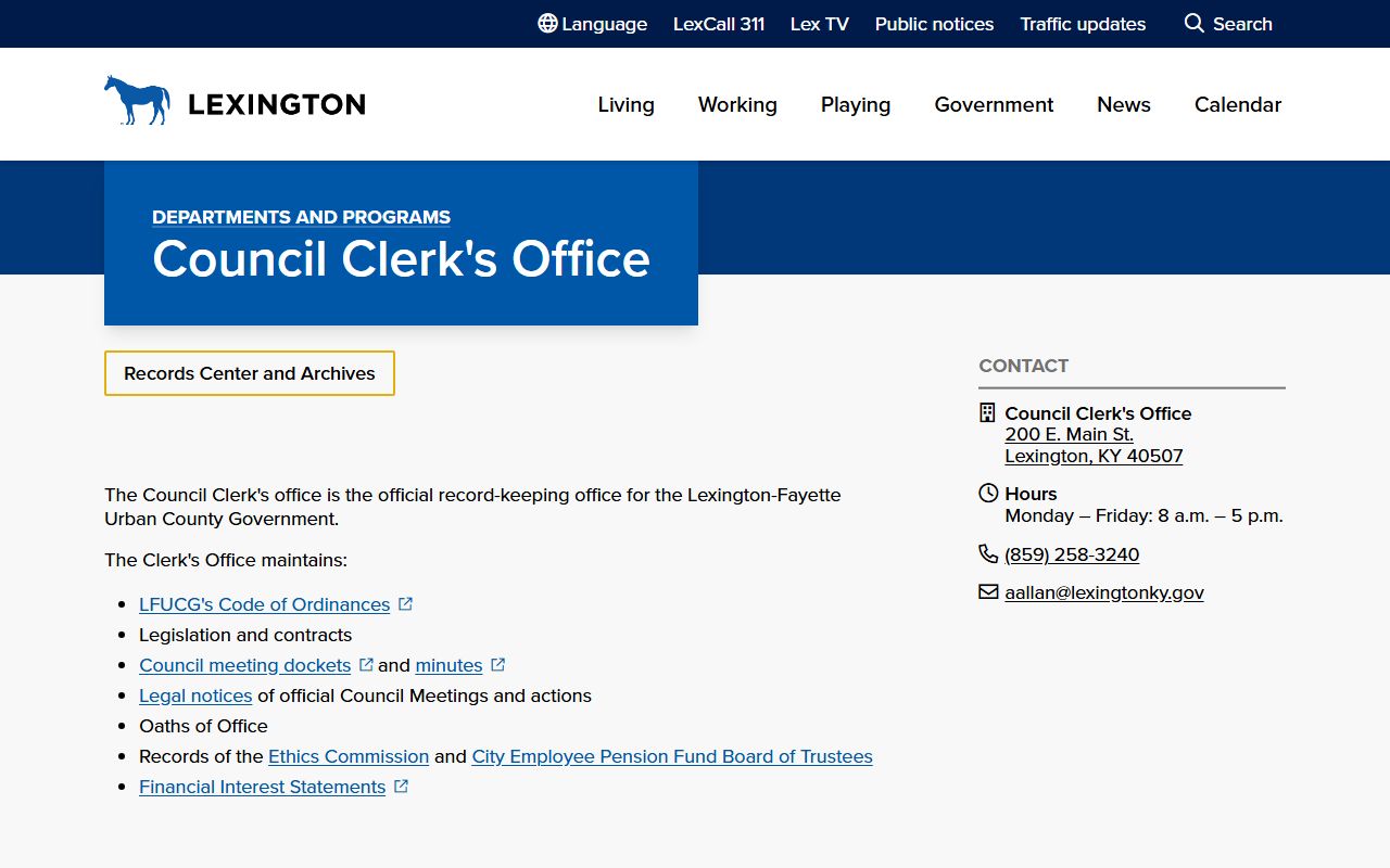 Lexington city records page