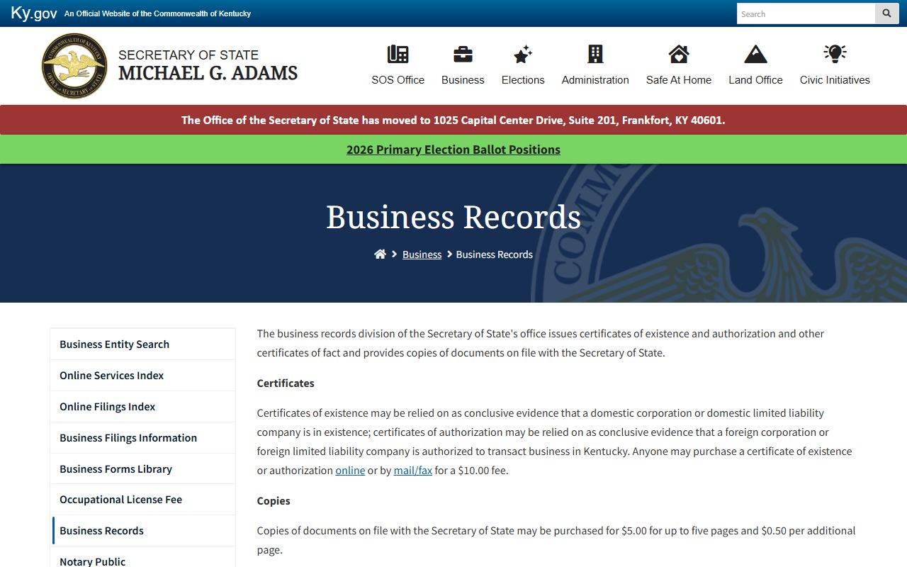 Kentucky business records
